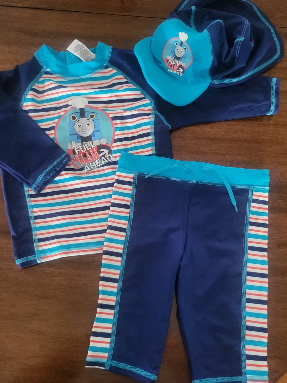 Thomas & Friends Blue Striped Kids Swim Set - Rash Guard, Swim Shorts & Hat